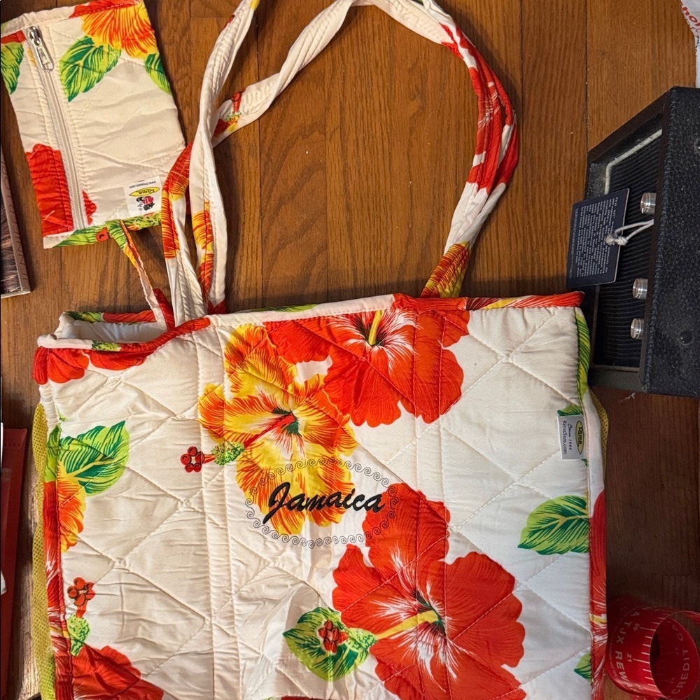 Flora Jamaica bag hibiscus beach travel tote pouch fabric plastic 2 mesh sides